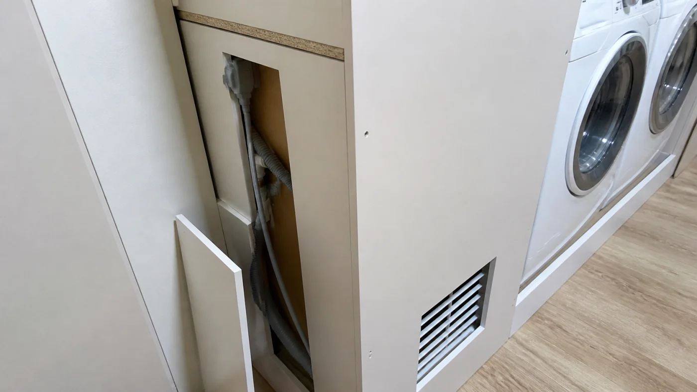 Acces technique et ventilation preserves dans un coffrage de buanderie