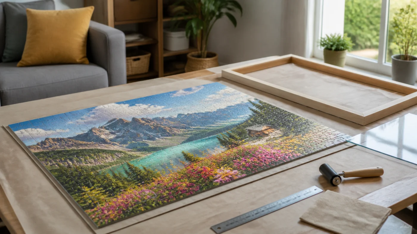 Puzzle colle prepare sur un support rigide avant encadrement