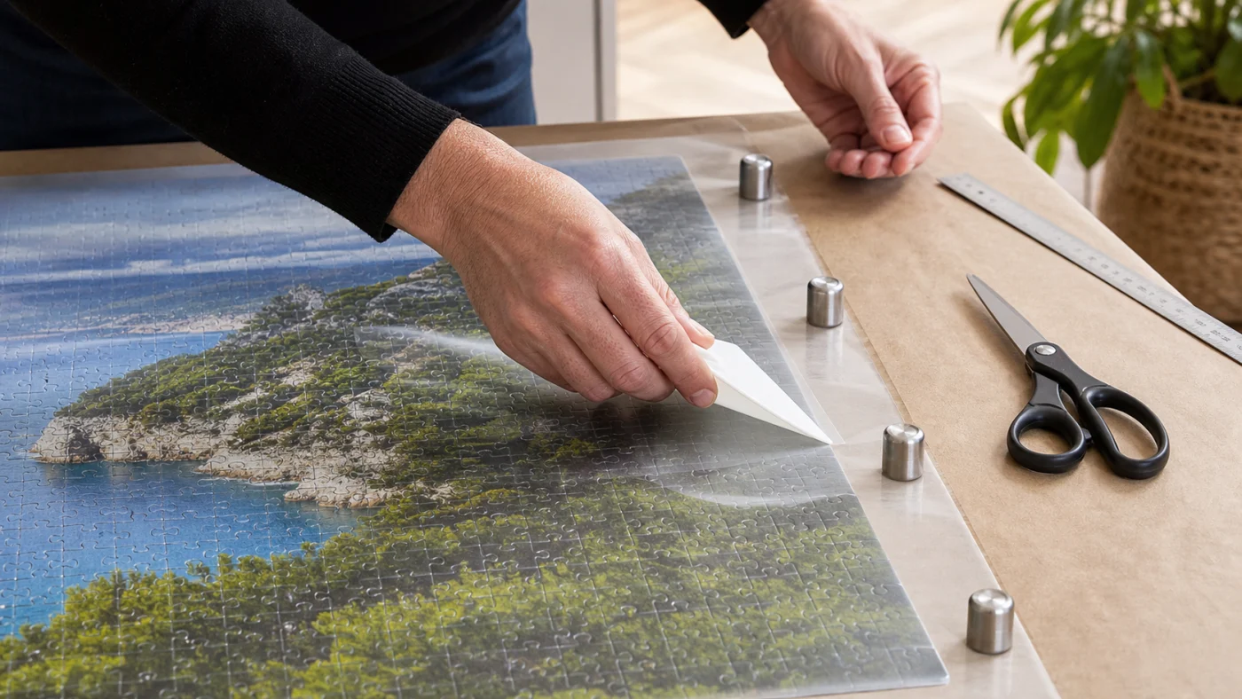 Pose d une feuille adhesive transparente sur un puzzle termine