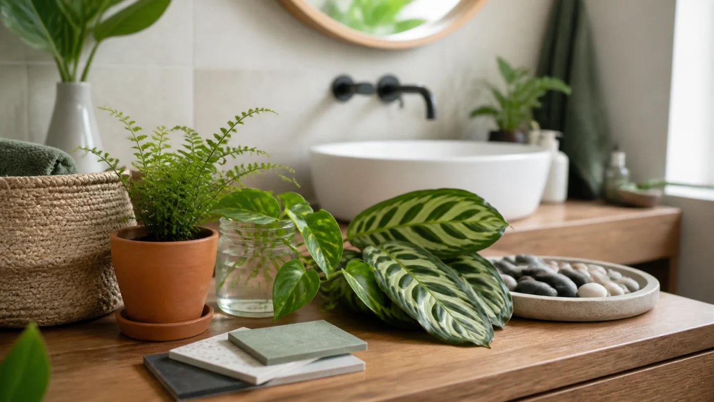 Plantes et cache-pots naturels préparés pour une salle de bain végétale