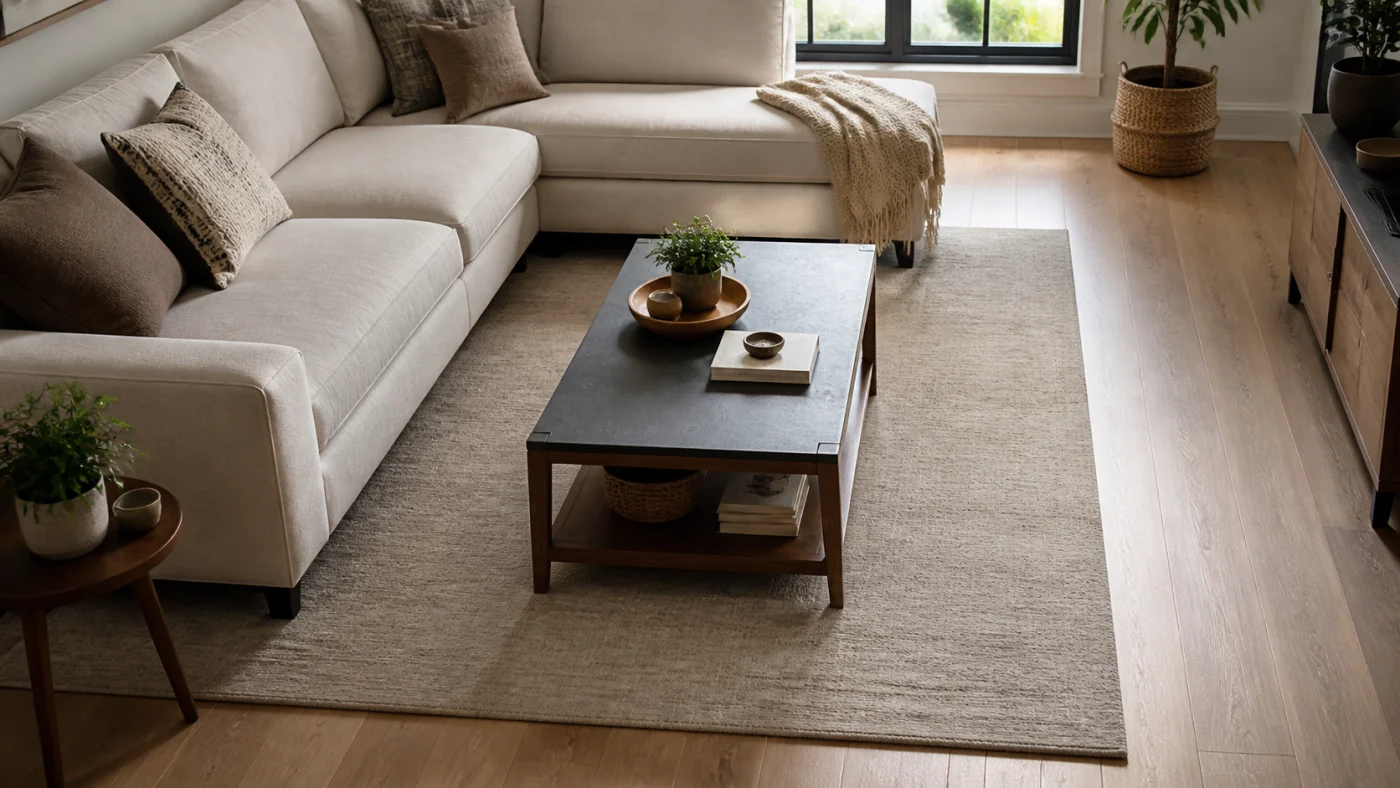 Espace de circulation entre un canapé d’angle et une table basse