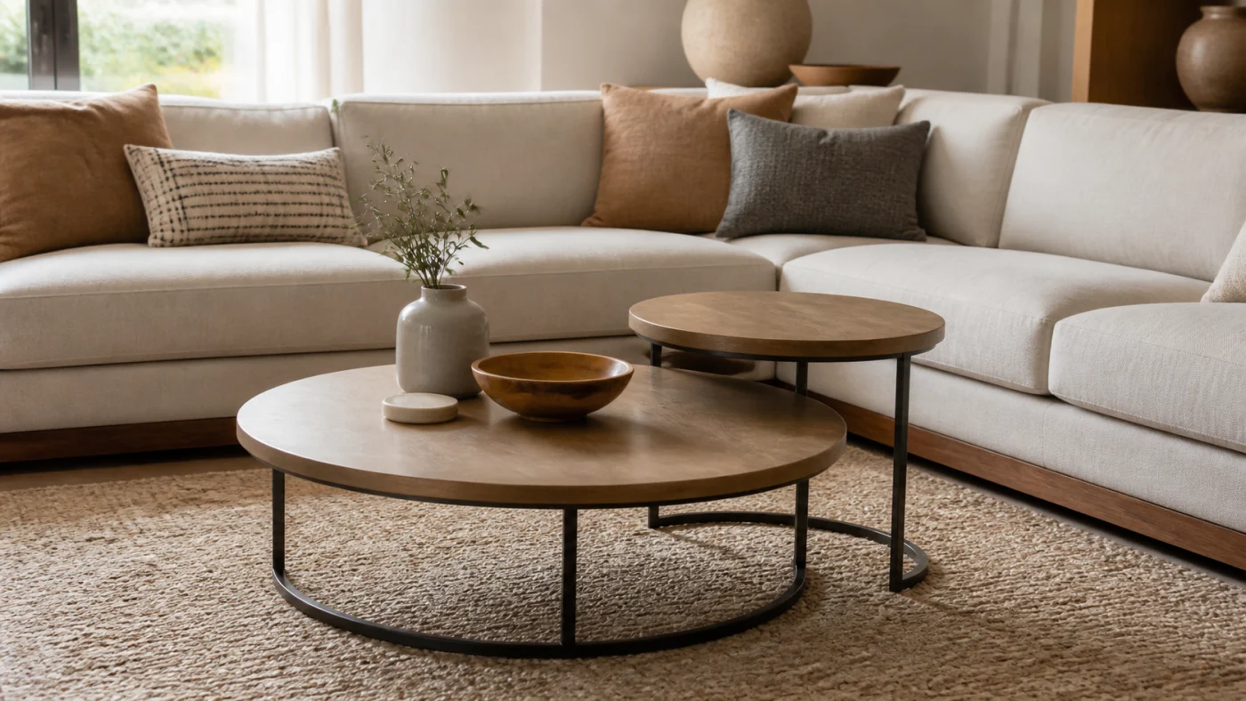 Tables basses rondes devant un canapé d’angle beige