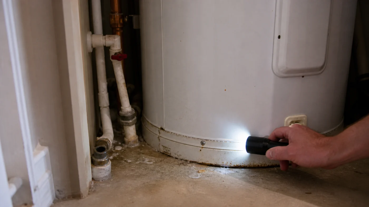 Inspection du bas d un ballon d eau chaude electrique avec une lampe