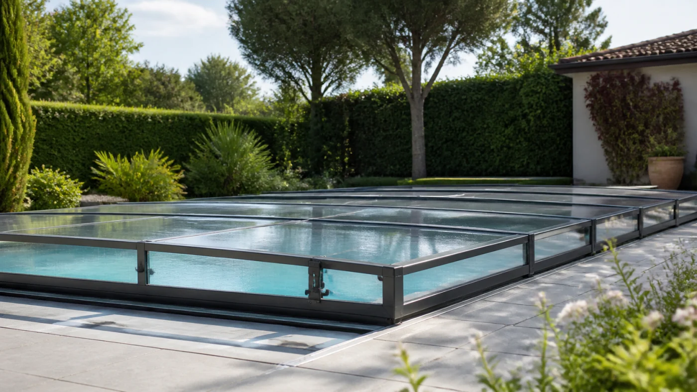 Abri de piscine bas fermé avec point de verrouillage visible