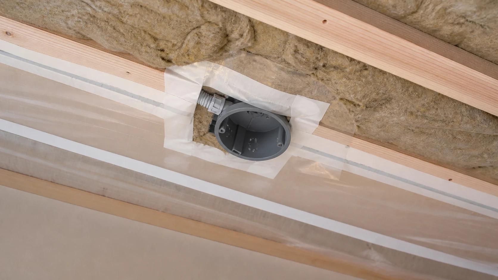 Détail de membrane et boîtier technique dans un plafond isolé