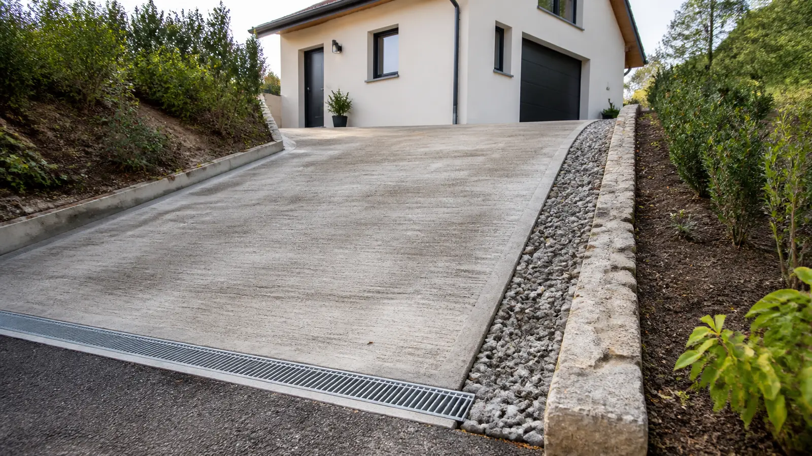 Rampe d’accès et drainage devant une maison implantée en pente