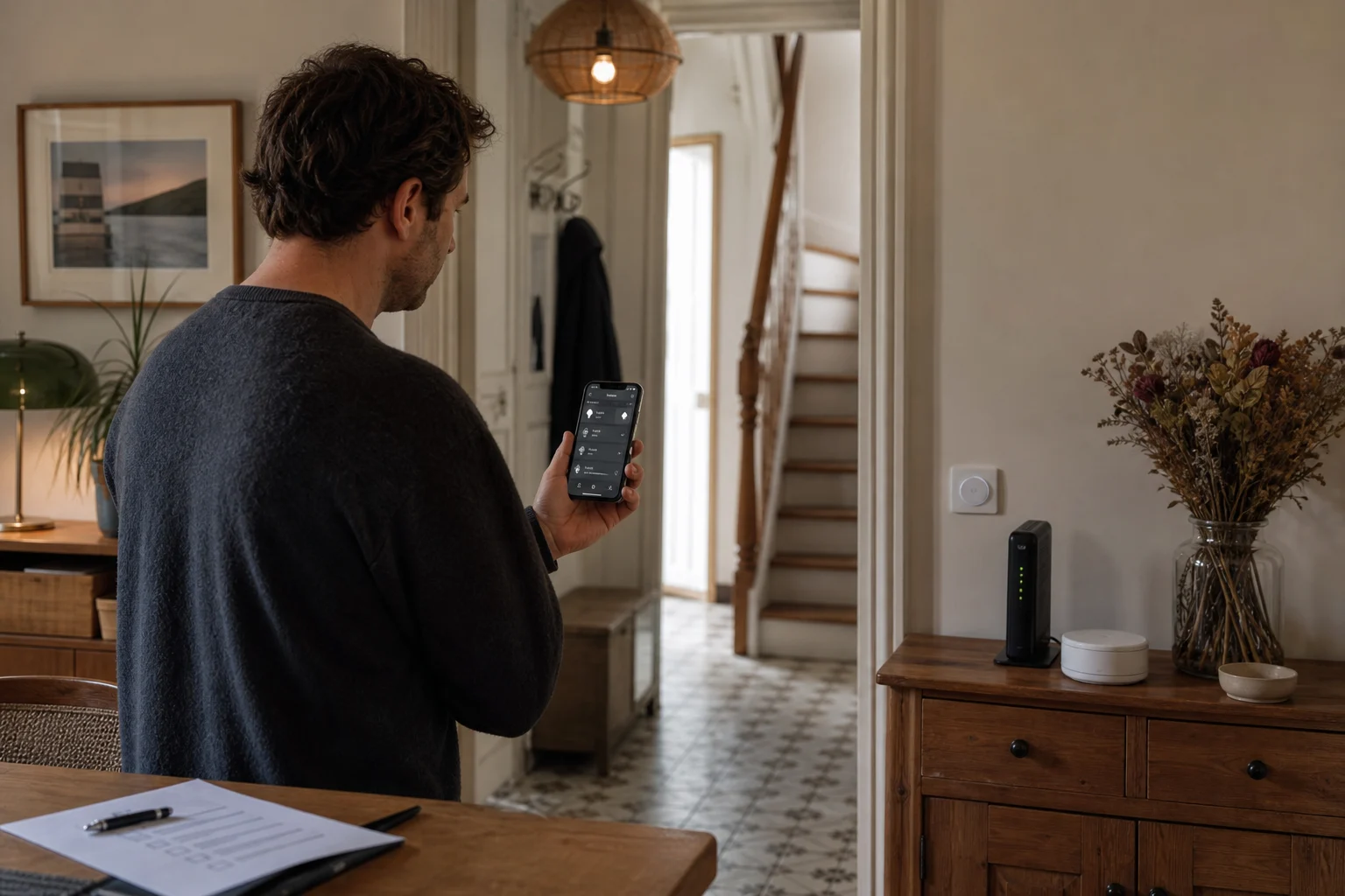 personne verifiant une application domotique avec routeur et liste de controle securite maison
