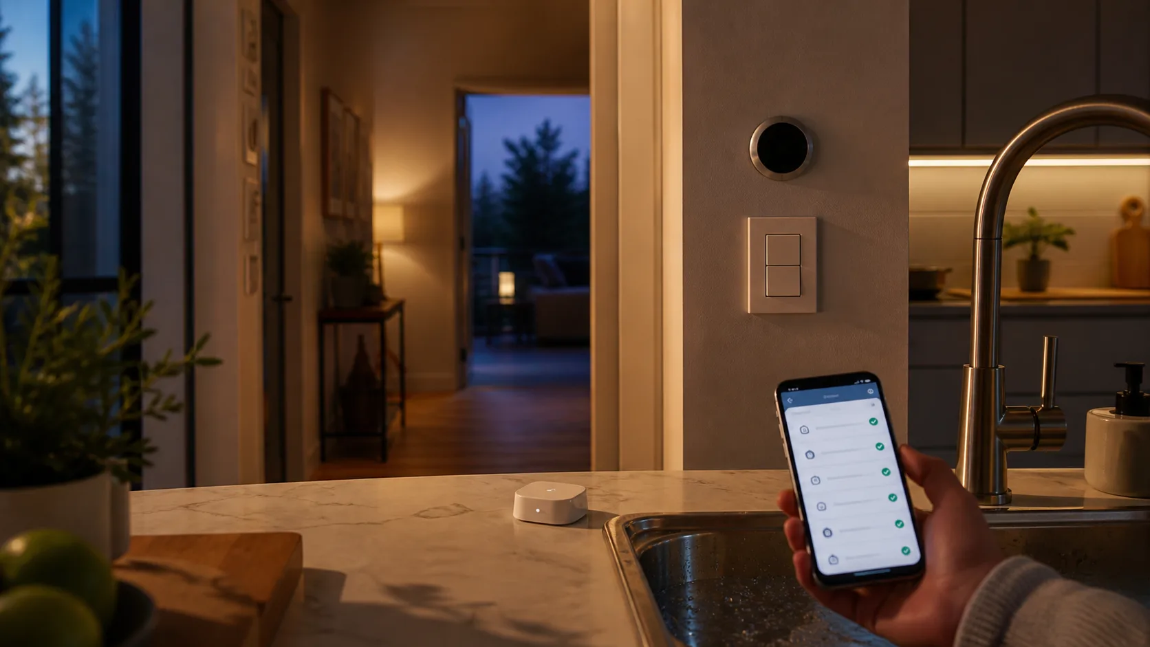 cuisine et couloir connectes avec interrupteur thermostat capteur de fuite et application domotique
