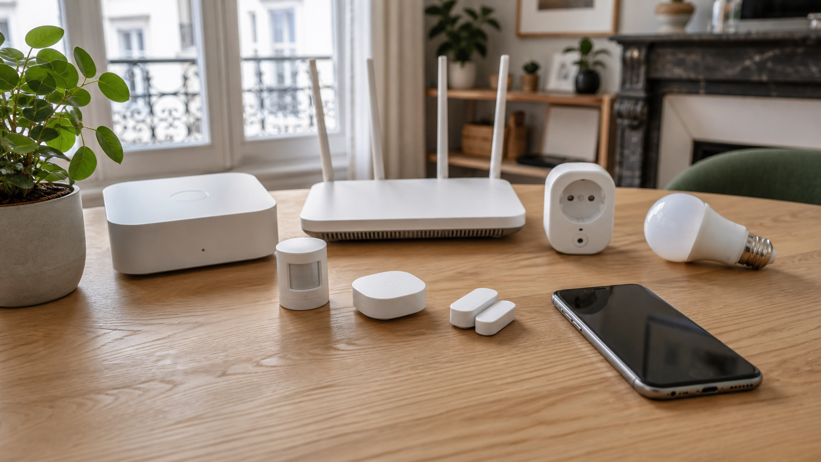 passerelle domotique routeur capteurs prise connectee ampoule et smartphone