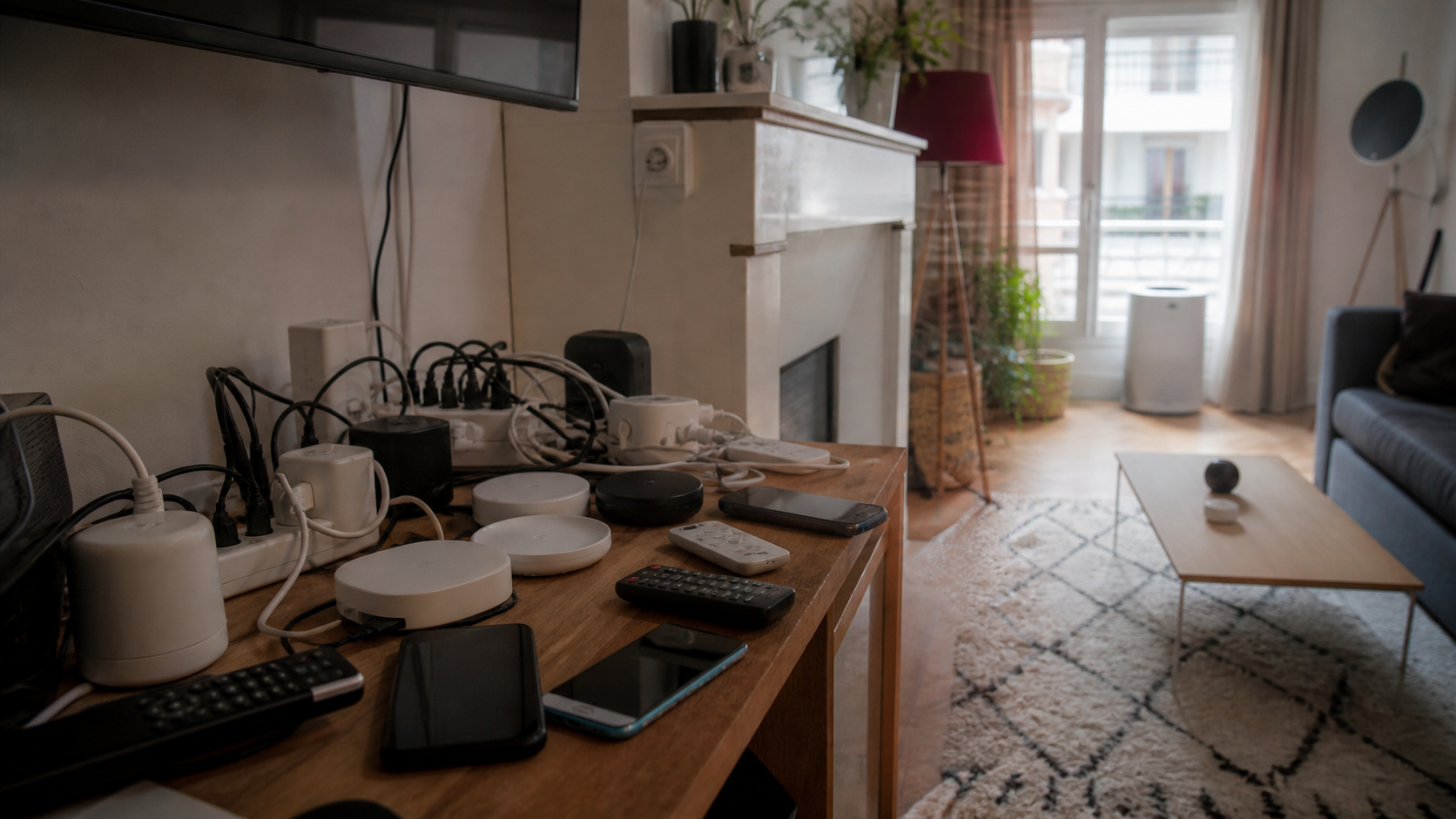 installation domotique encombrante avec plusieurs hubs et telecommandes