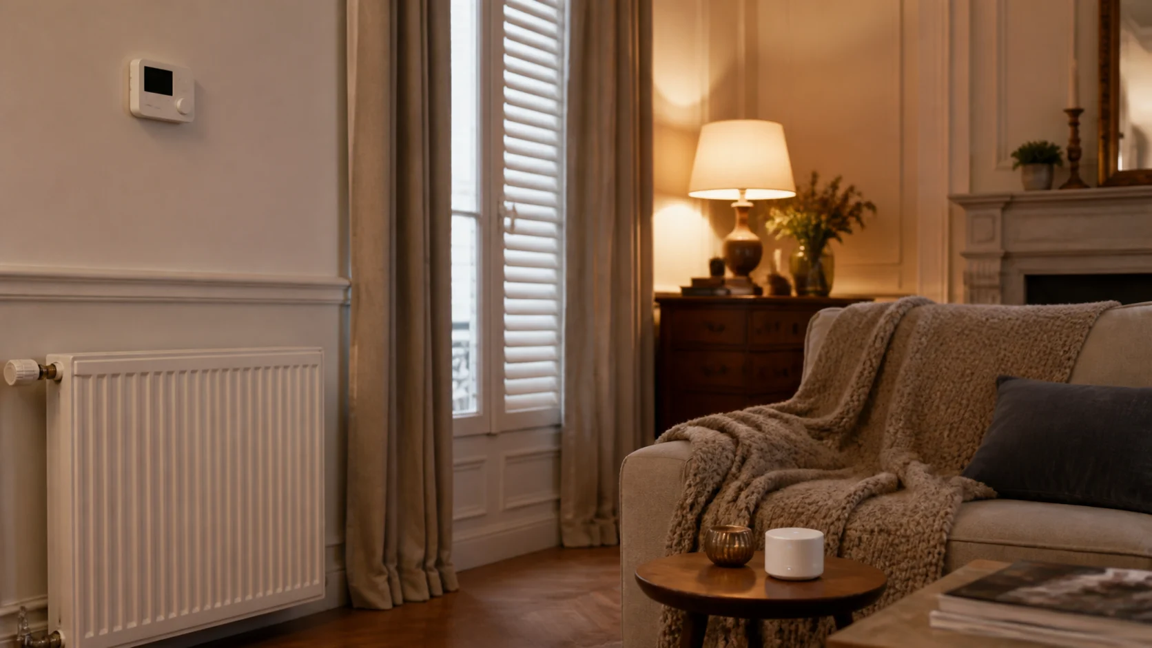 coin salon en hiver avec radiateur thermostat lampe et capteur de température discret