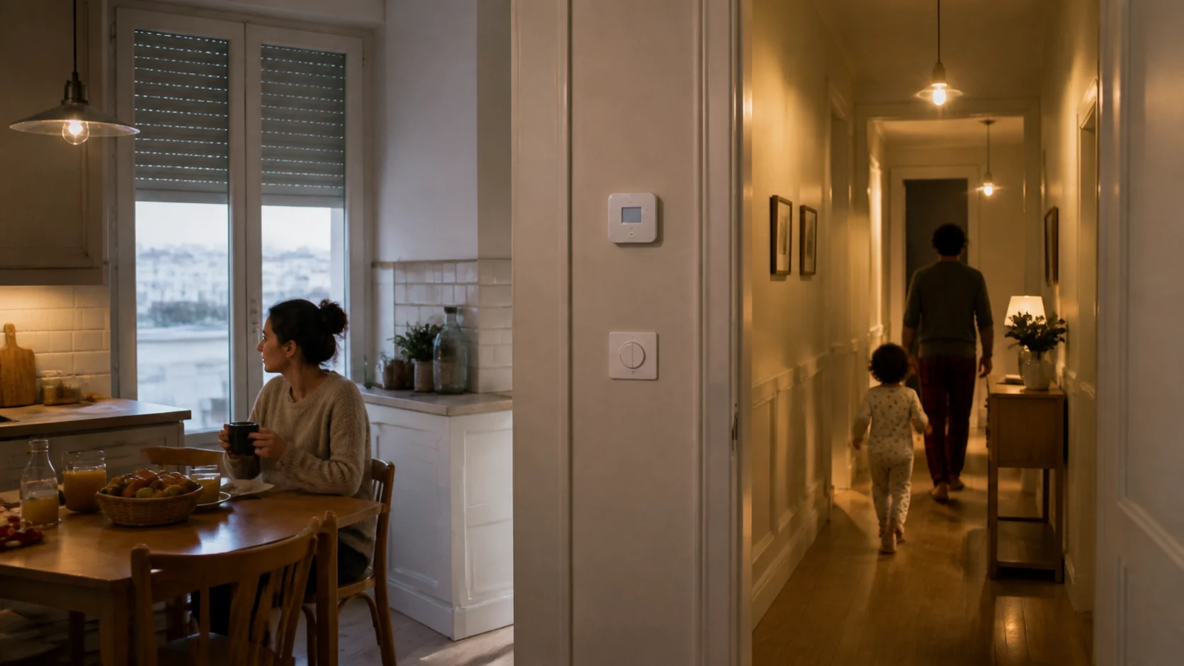 cuisine et couloir le matin avec éclairage doux thermostat et volets qui s ouvrent