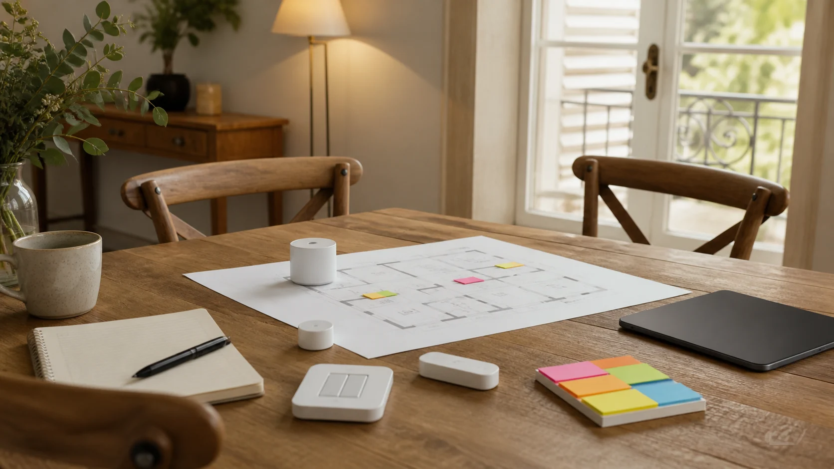 plan de maison objets connectés et interrupteur sur table pour organiser les scénarios