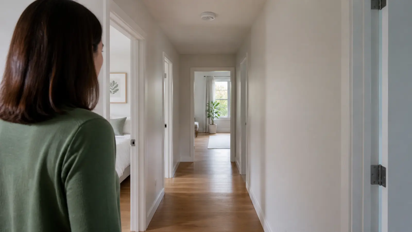Couloir dégagé avec détecteur de fumée visible