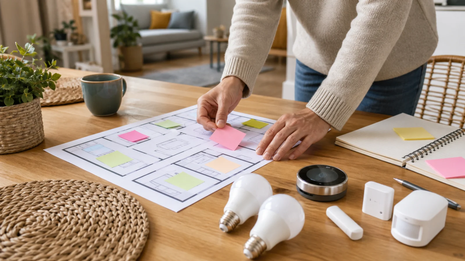 plan de maison avec ampoules capteurs thermostat et notes pour preparer les usages domotiques