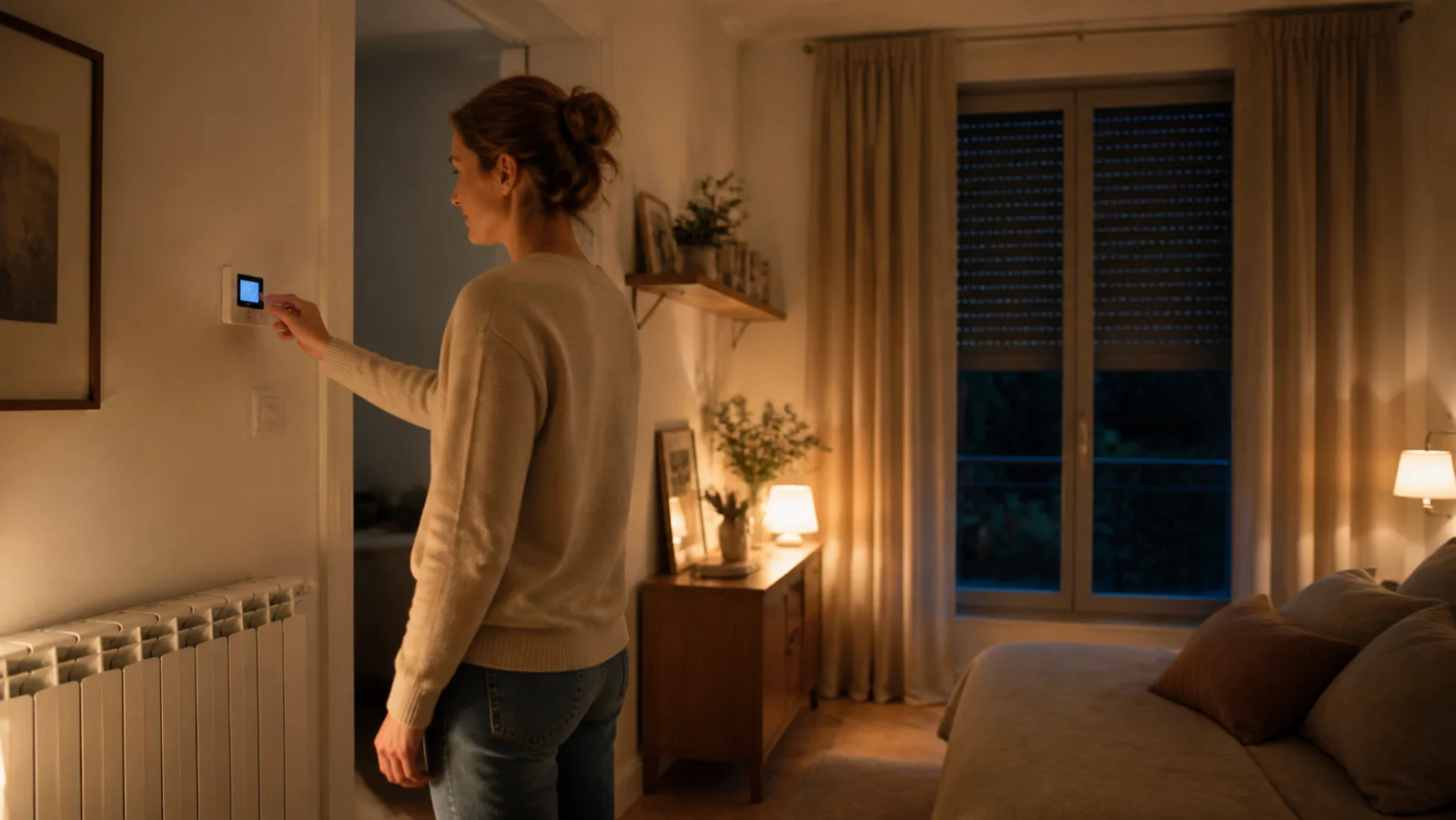 personne reglant un thermostat mural dans une chambre avec lampe et volet ferme