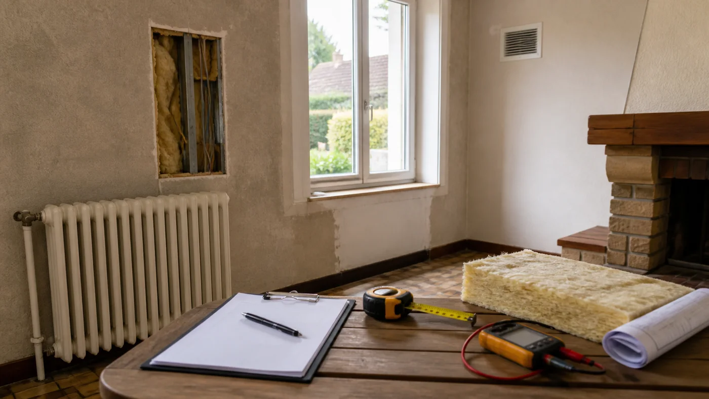 Diagnostic intérieur d’une maison des années 80 avec fenêtre ancienne, radiateur et carnet de travaux