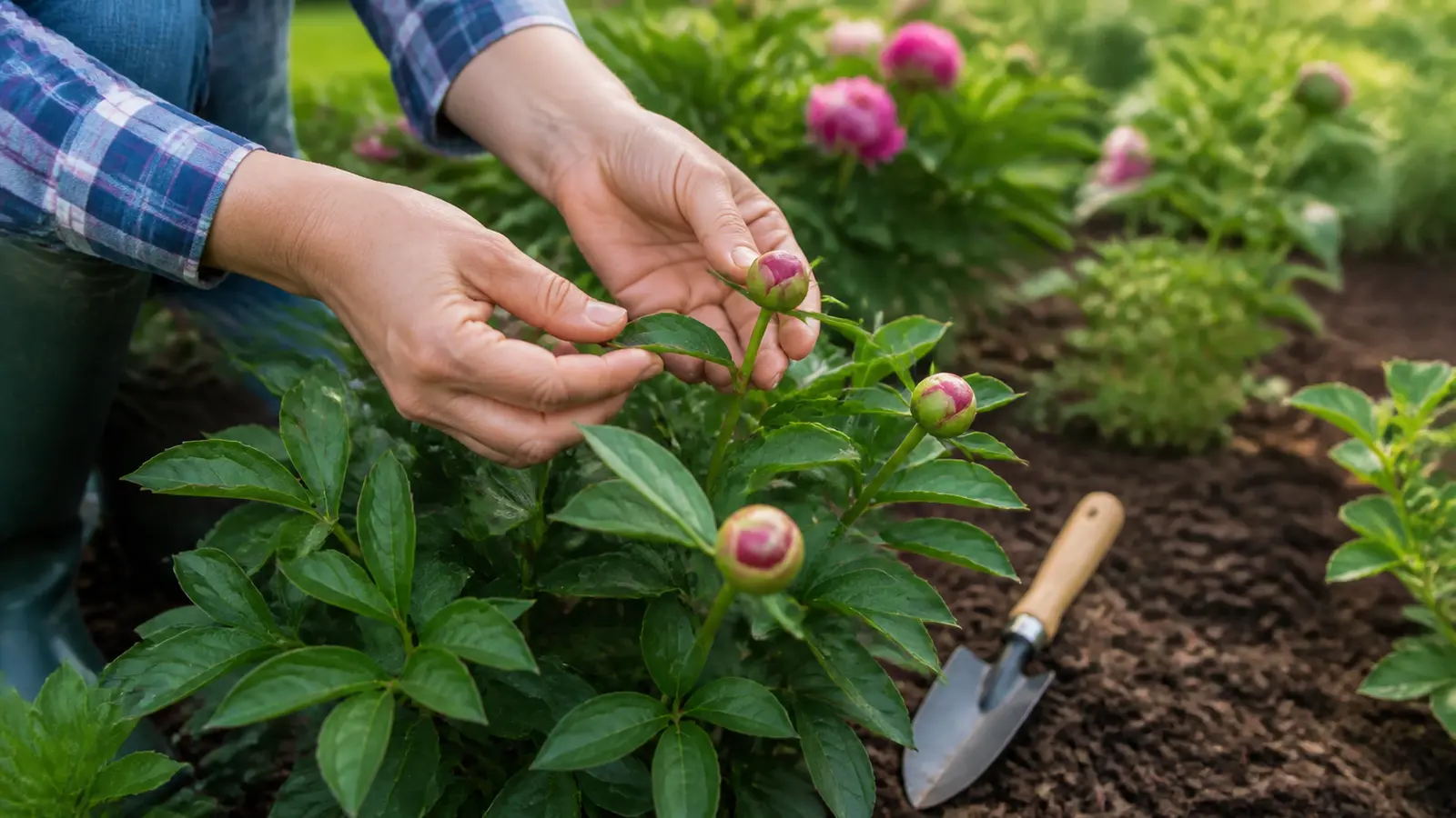 Contrôle des boutons de pivoine dans un massif de jardin