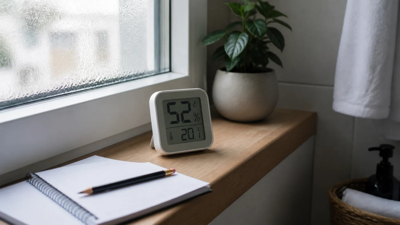 Hygromètre posé près d’une fenêtre avec condensation légère