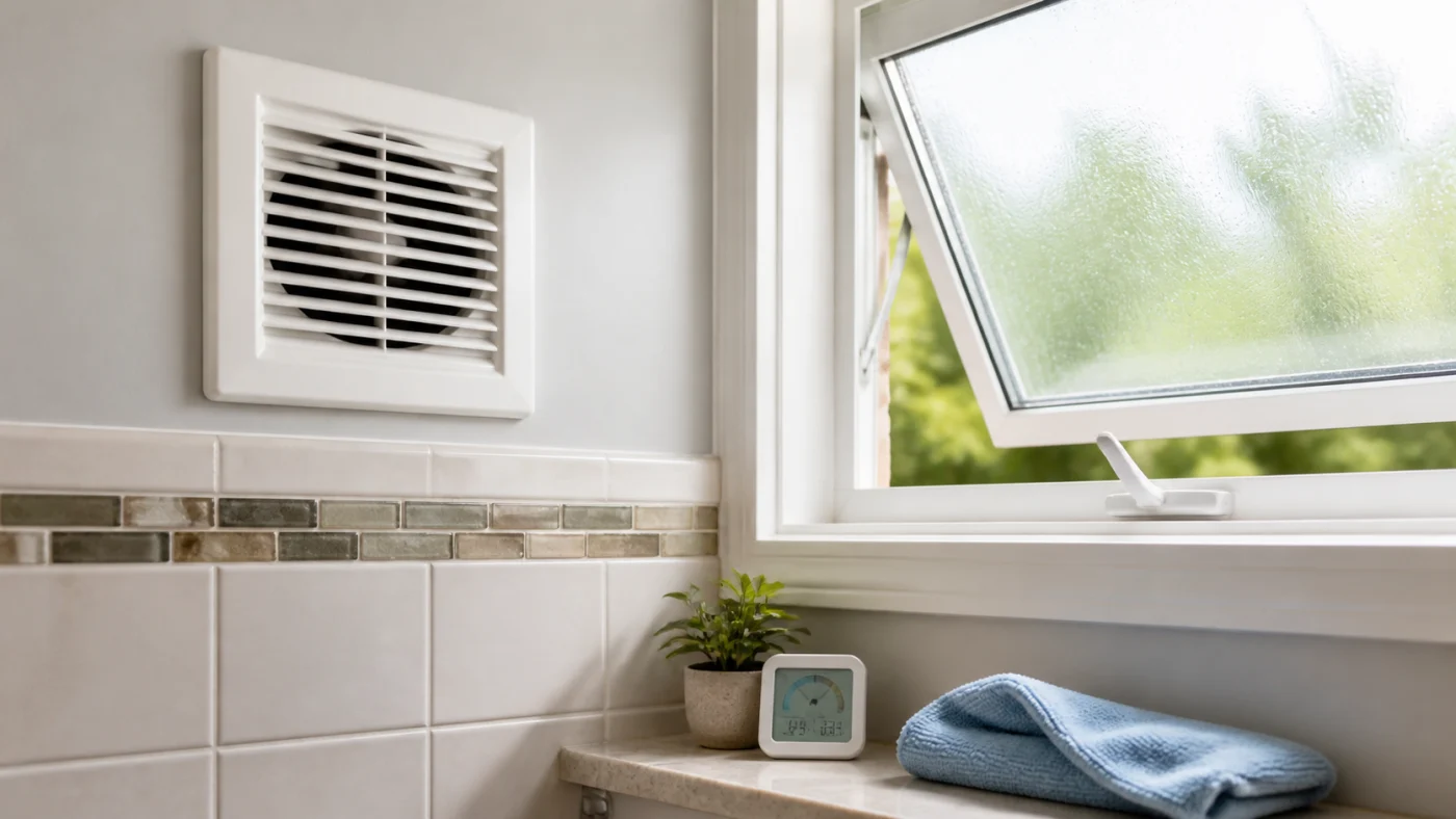 Fenêtre entrouverte et ventilation de salle de bain pour évacuer l’humidité