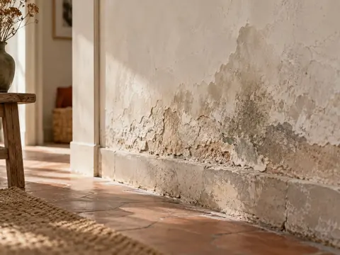 Tache de remontée capillaire au bas d'un mur ancien