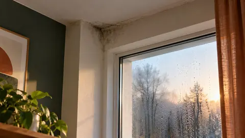Auréole sombre en angle de mur au-dessus d'une fenêtre embuée