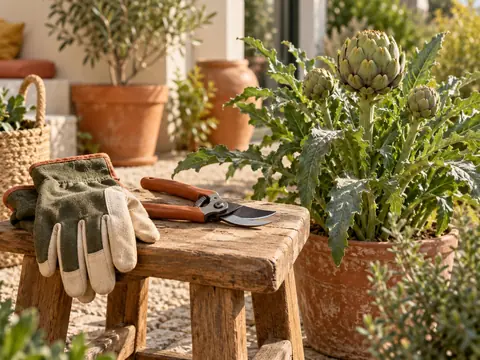 Sécateur et gants prêts pour la taille d'un pied d'artichaut