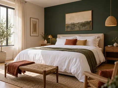 Chambre avec un mur de tête de lit vert profond et les autres murs beiges