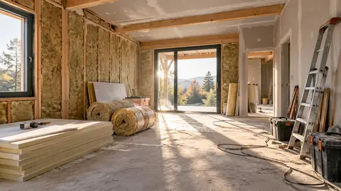 Pièce isolée en fin de chantier avec matériaux rangés