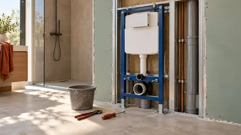 Bâti métallique de WC suspendu fixé au sol et au mur, avant fermeture de la cloison