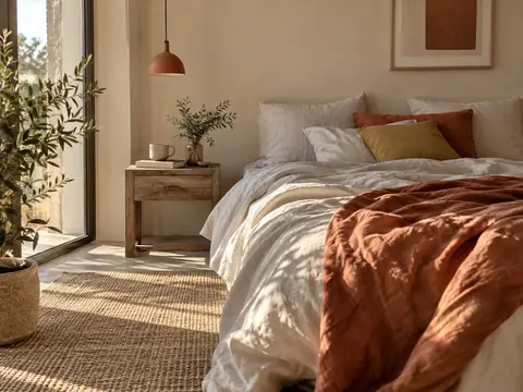 Chambre aux murs beige clair avec linge en lin et bois brut
