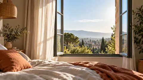 Fenêtre de chambre ouverte en grand le matin