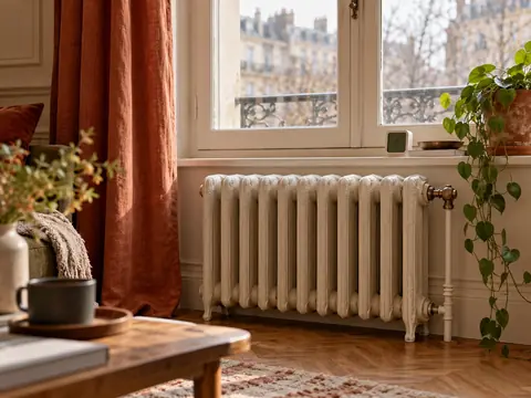Radiateur sous une fenêtre d’appartement ancien en hiver