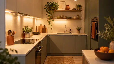 Petite cuisine sans fenêtre aux murs clairs éclairée artificiellement