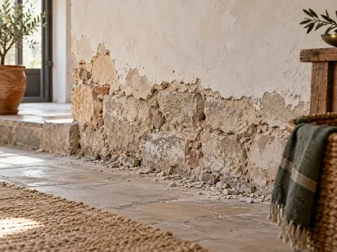 Bas d'un mur ancien avec enduit décollé par l'humidité