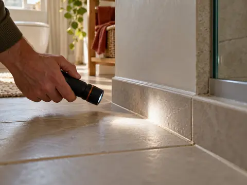 Inspection d'une plinthe de salle de bain à la lampe torche