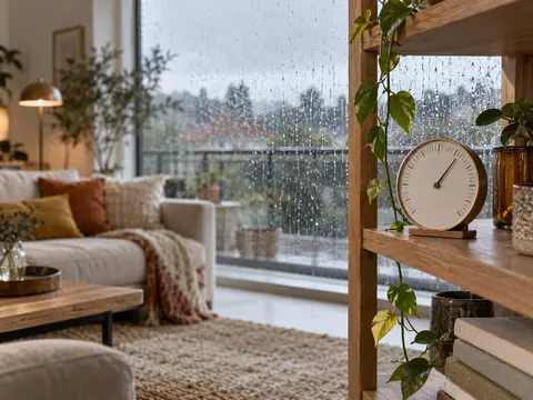 Séjour lumineux un jour de pluie avec un hygromètre posé sur une étagère