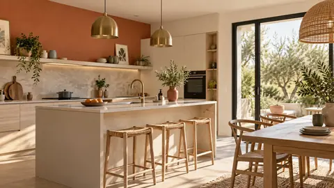 Cuisine aux murs neutres avec un mur légèrement coloré et accessoires assortis