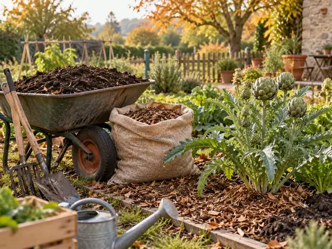 Compost et paillage prêts pour protéger un pied d'artichaut