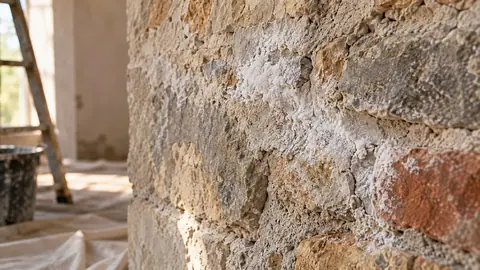 Dépôt blanchâtre de salpêtre sur un mur ancien