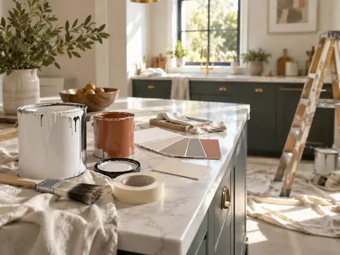 Échantillons de peinture posés sur le plan de travail d'une cuisine avant travaux