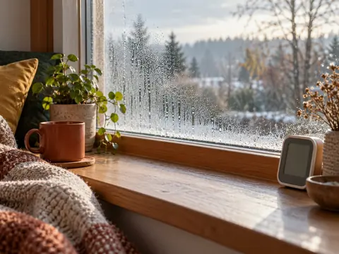 Buée et traces de condensation au bas d’une fenêtre en hiver