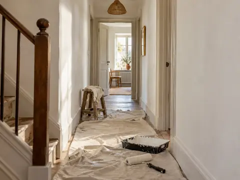 Mur repeint en blanc cassé dans un couloir de maison ancienne