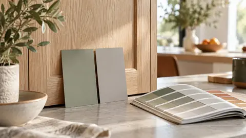 Échantillons de peinture verte et grise comparés devant une façade de cuisine en chêne clair