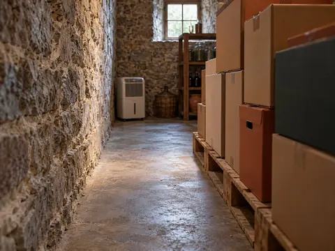 Cave ancienne avec cartons écartés du mur