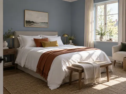 Chambre aux murs bleu doux légèrement désaturé avec linge de lit blanc