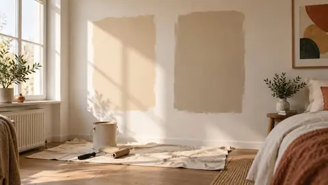 Deux échantillons de peinture beige sur un mur, l'un éclairé, l'autre à l'ombre