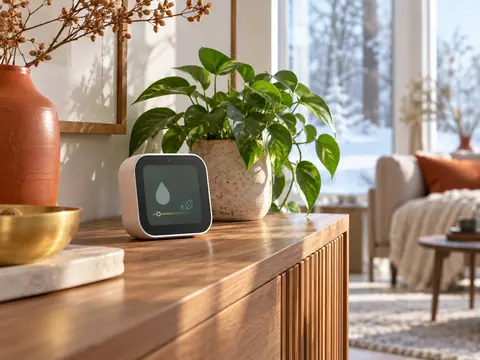 Hygromètre numérique posé sur une console dans un salon d’hiver
