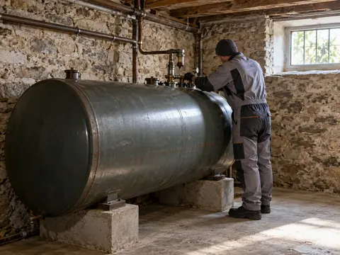 Cuve à fioul métallique inspectée dans une cave avant enlèvement